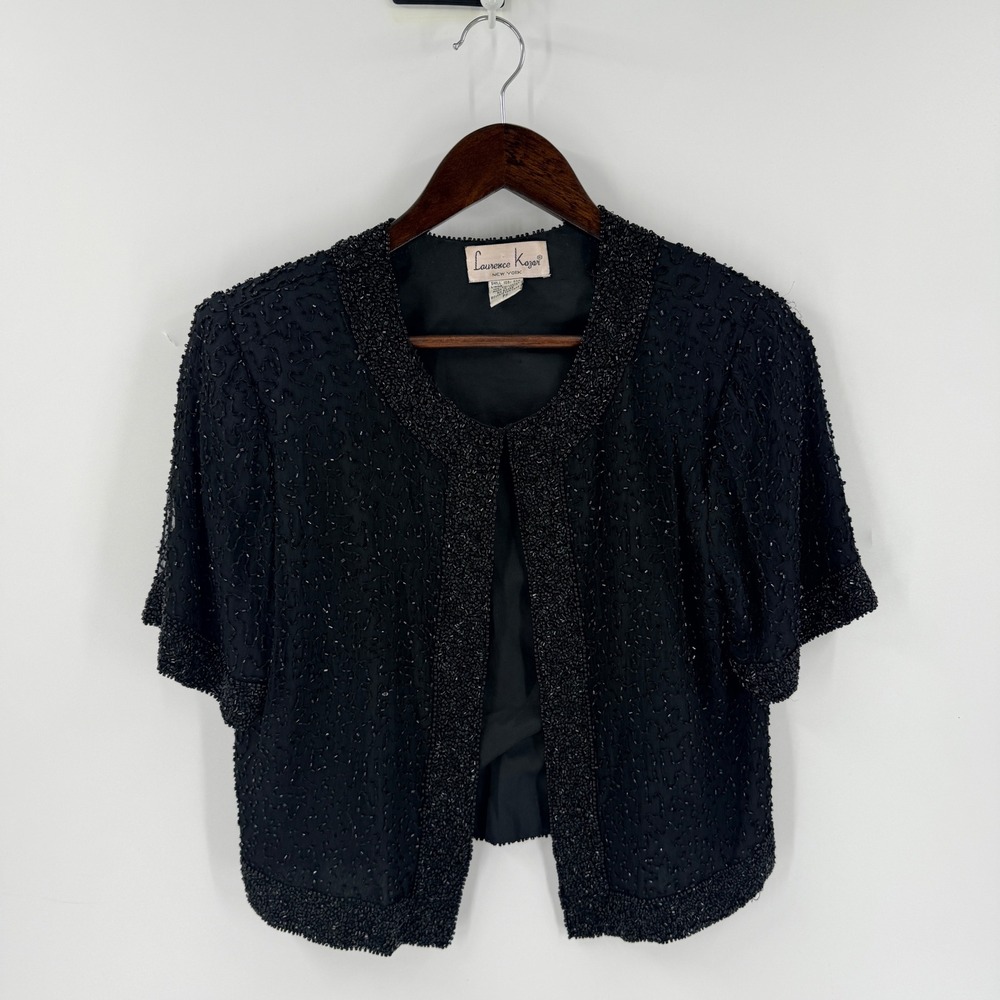 Laurence Kazar Beaded Silk Bolero Jacket Black PS Vintage Evening Shrug